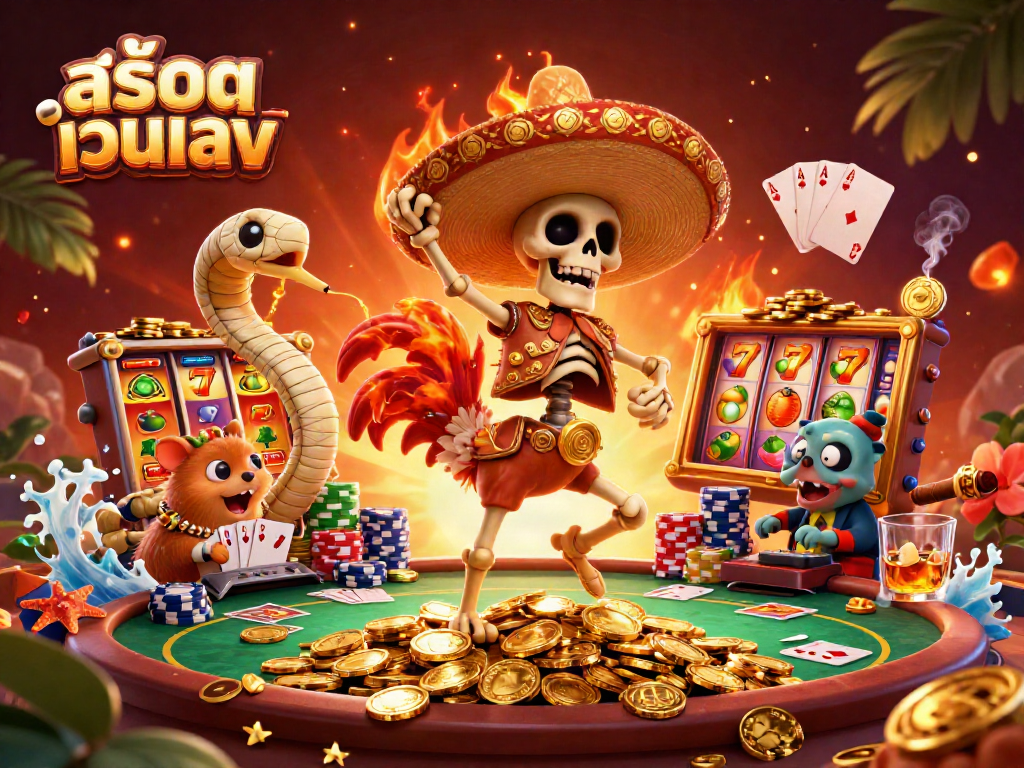 Experience the excitement of สล็อตเว็บตรง with this vibrant 3D illustration featuring cartoon characters in a lively casino setting.
