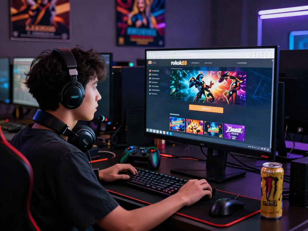 User focused on rokok88 login at a gaming desk surrounded by gaming equipment.