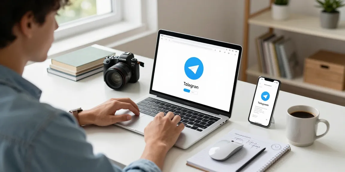 Telegram Download in a modern home office with a user on a laptop, notifications visible on smartphone.