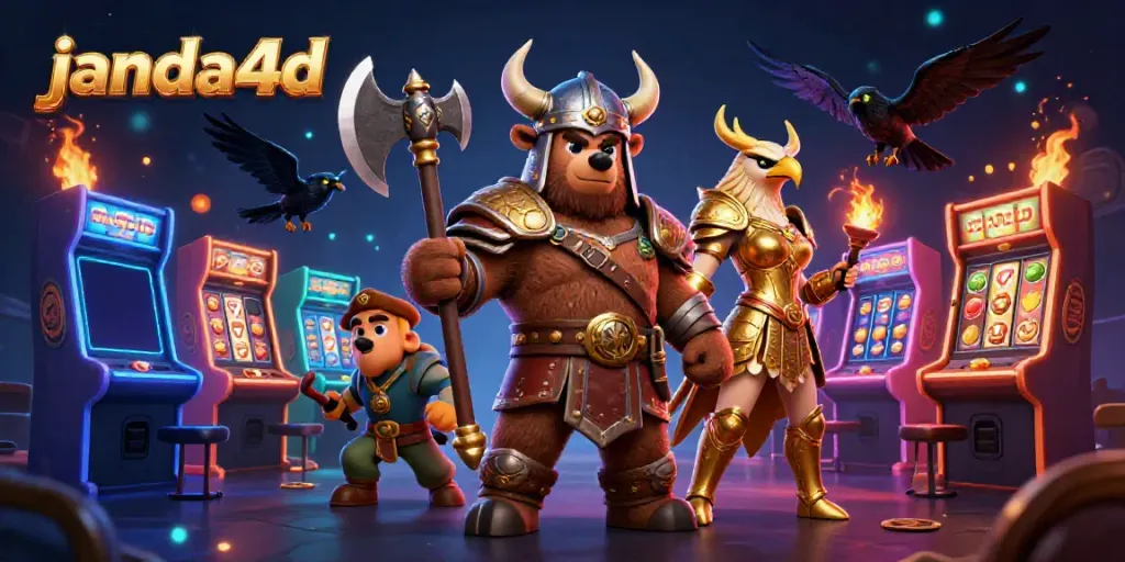 Permainan slot janda4d yang imersif dan penuh warna dengan karakter beruang Viking dan elang Valkyrie.