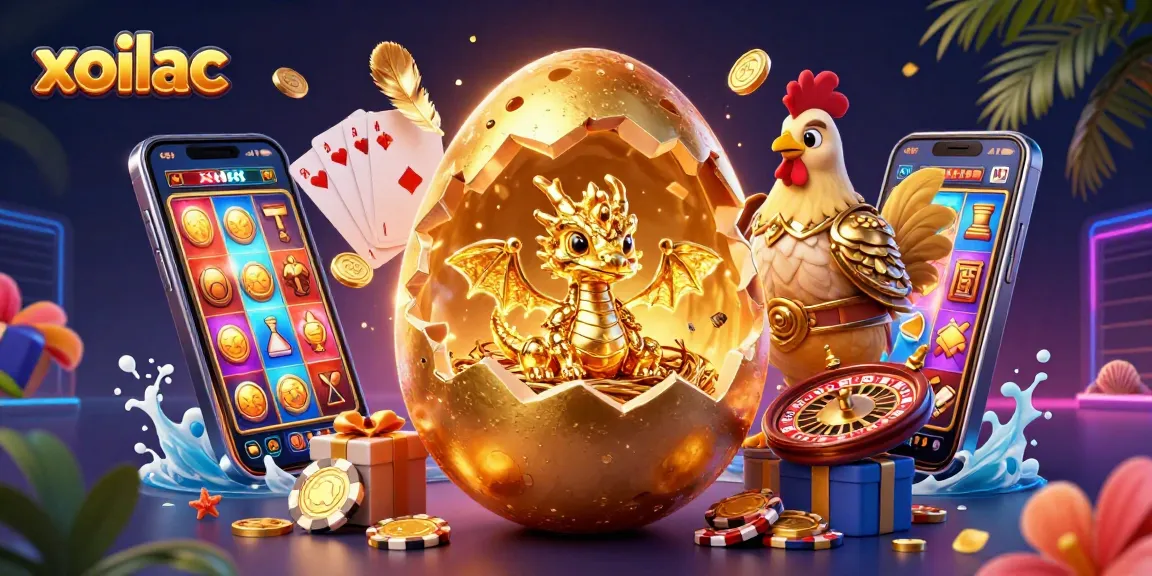 Experience xoilac like never before with a golden dragon emerging from an egg amidst a vibrant casino scene.