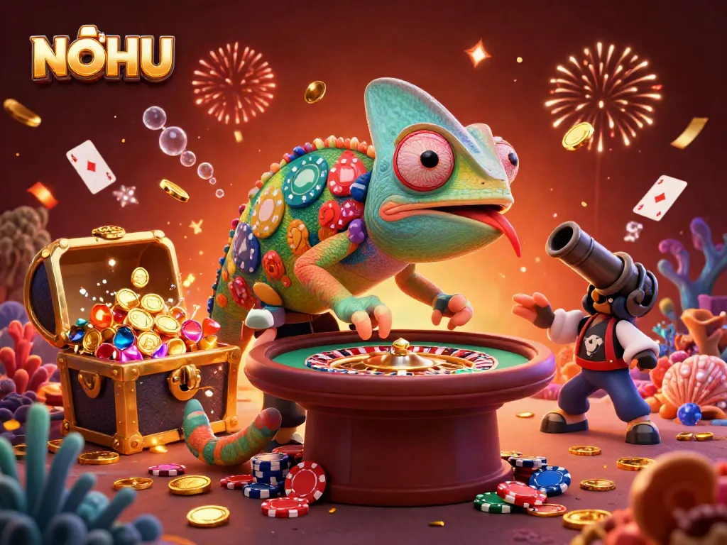 Experience thrilling gameplay at NOHU with a colorful chameleon owner snatching golden coins amidst vibrant casino elements.