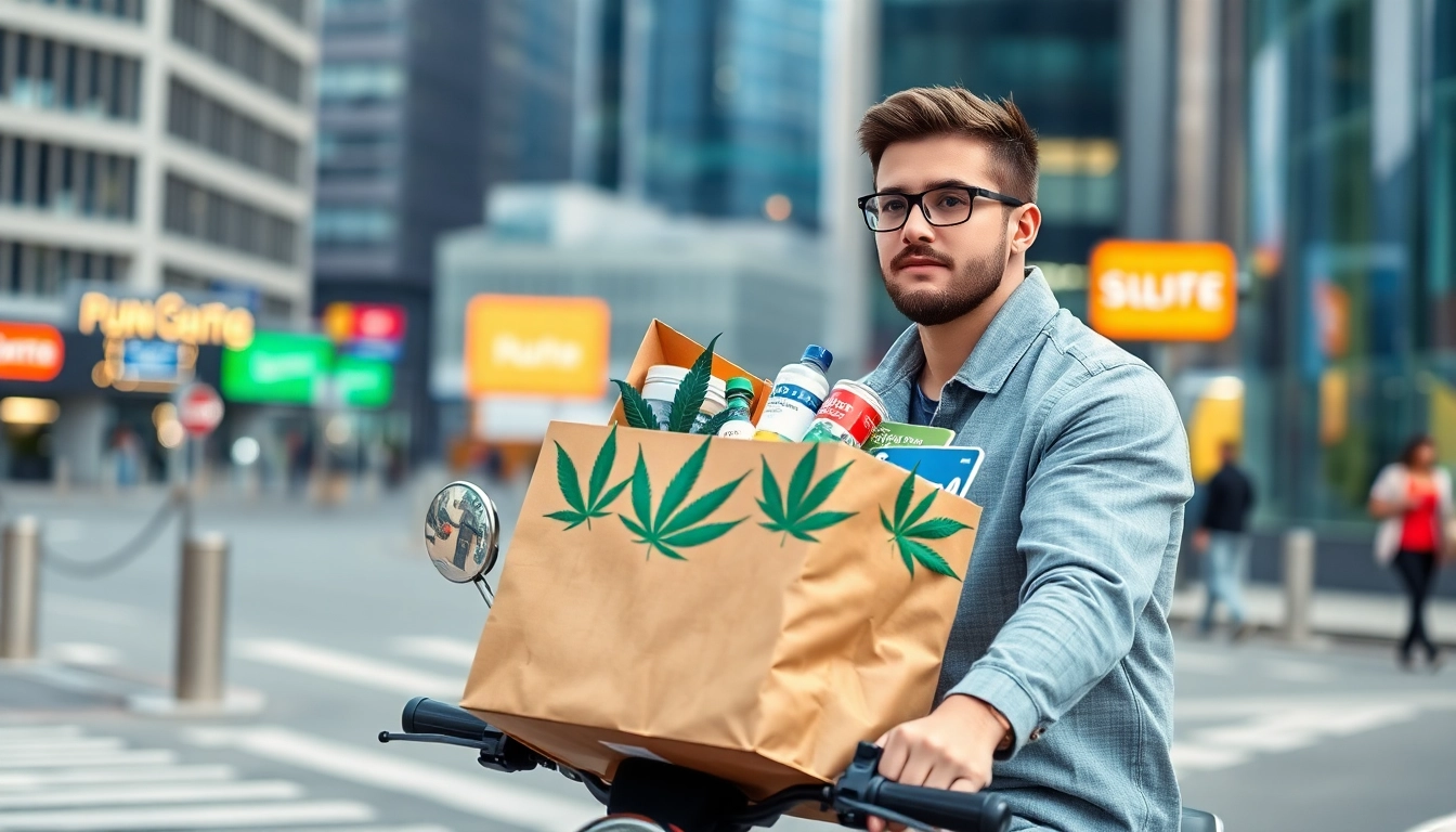Buy weed delivered by a professional rider in an urban environment, showcasing cannabis products.