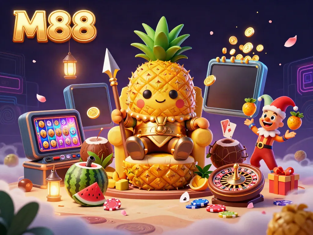 Engage with M88 casino vibes featuring a golden pineapple king in a vibrant beach scene filled with slot games and rich casino elements.