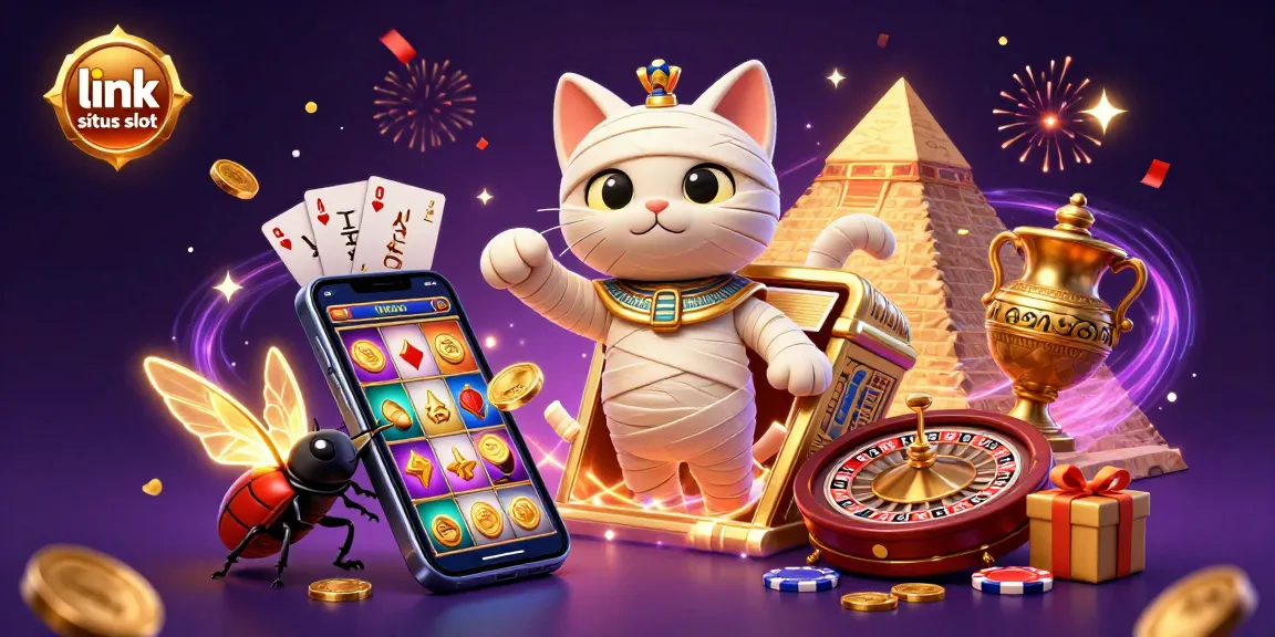 Experience the thrill of gaming at link situs slot with a vibrant illustration showcasing a mummy cat and golden coins.