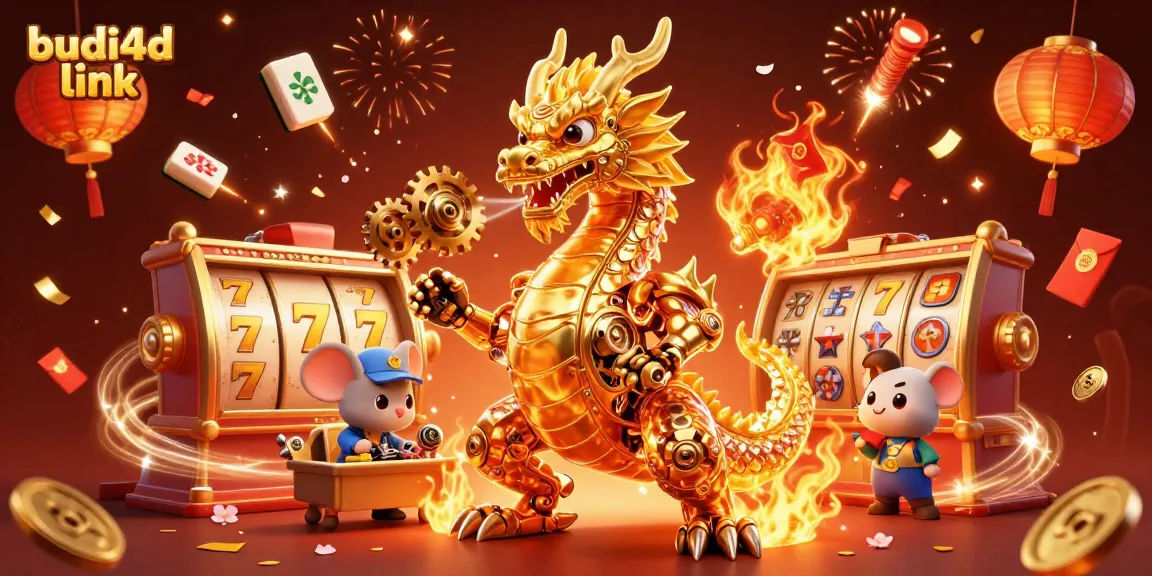Budi4d link showcases a vibrant 3D casino scene featuring a golden dragon and dynamic slot elements.