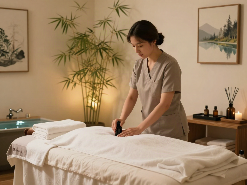 부천출장마사지 therapist prepares soothing oils in a calming spa setting.