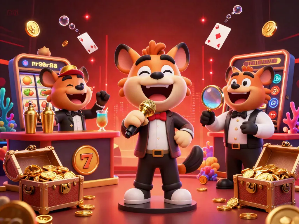 Hyenas entertain in a lively casino, showcasing rr88 gaming excitement with vibrant visuals.
