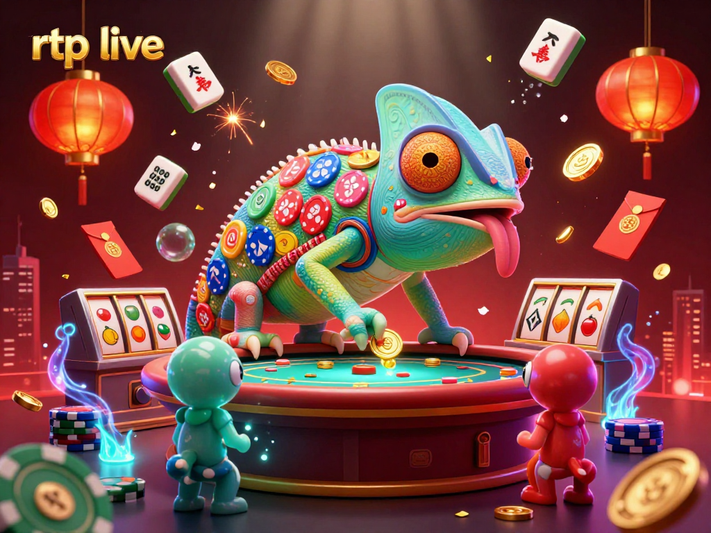 Experience the thrill of rtp live gaming in this vibrant casino illustration showcasing colorful games and characters.