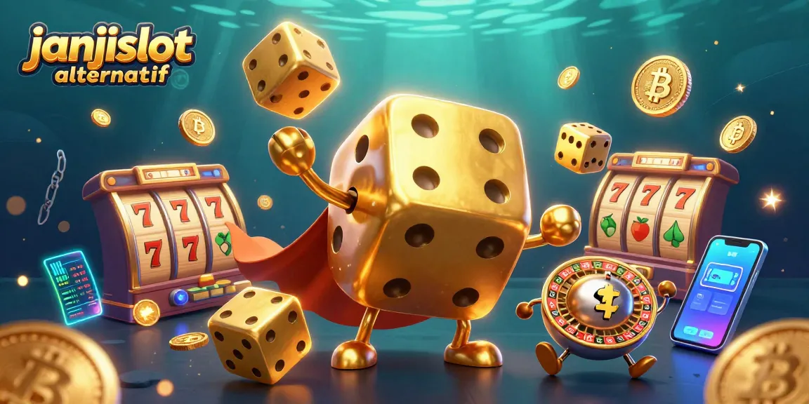 Engage with janjislot alternatif in a vibrant 3D casino scene with animated dice and rich slot game elements.
