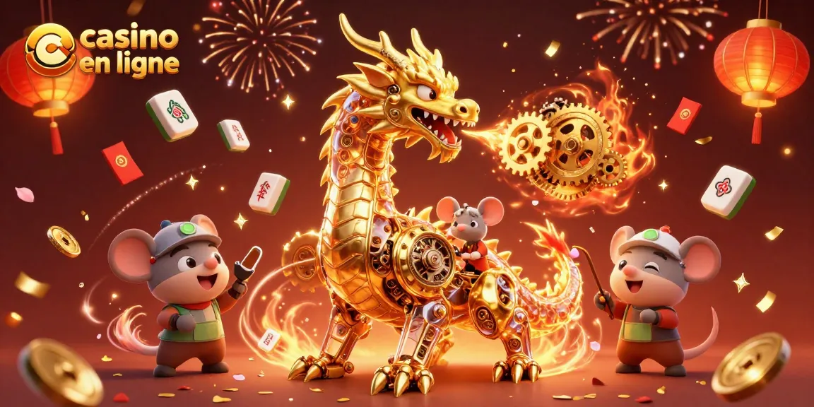 Jouez au casino en ligne avec des dragons mécaniques et des éléments festifs pour une expérience immersive.