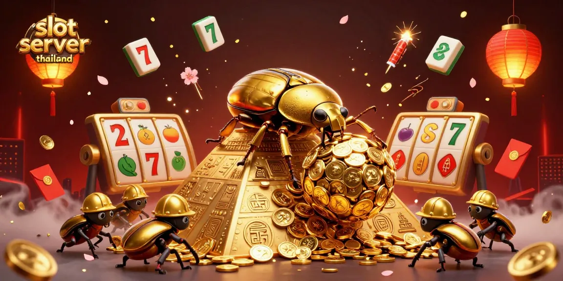 Mainkan slot server thailand yang dipenuhi simbol keberuntungan dengan kumbang emas dan koin berkilau.