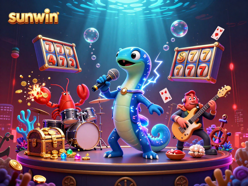 sunwin showcases a lively underwater casino scene featuring an electric eel DJ, lobster drummer, seabass guitarist, and slot reels.
