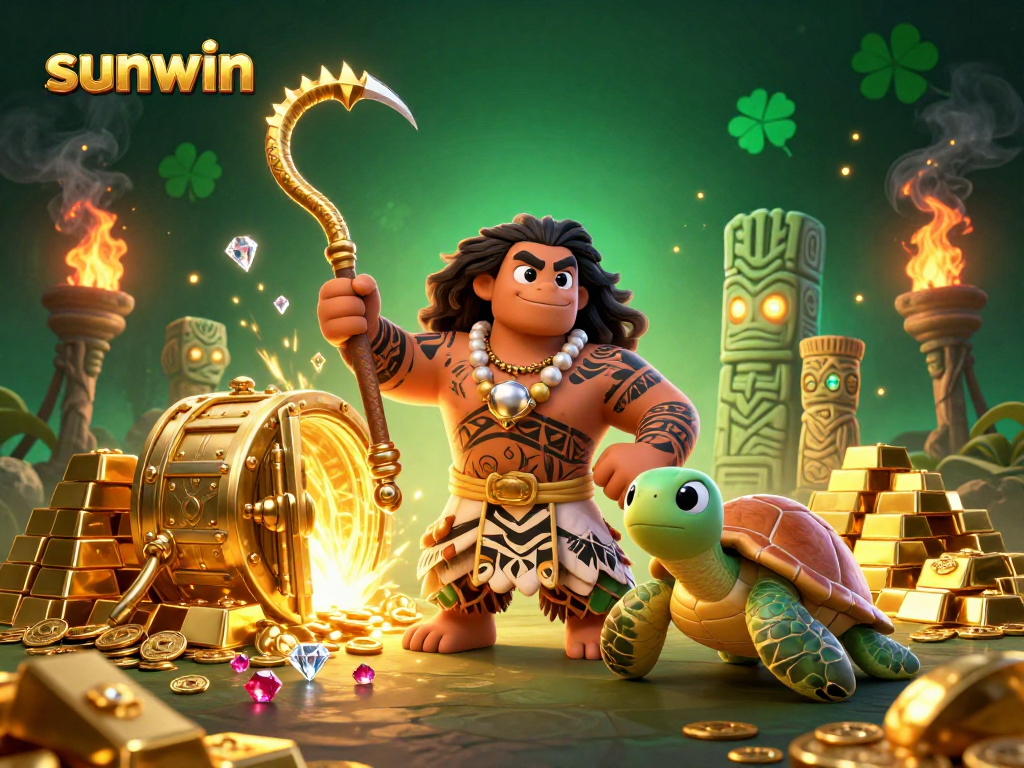 Sunwin's vibrant illustration showcases a demigod hawk and turtle amid dazzling gold casino treasures.
