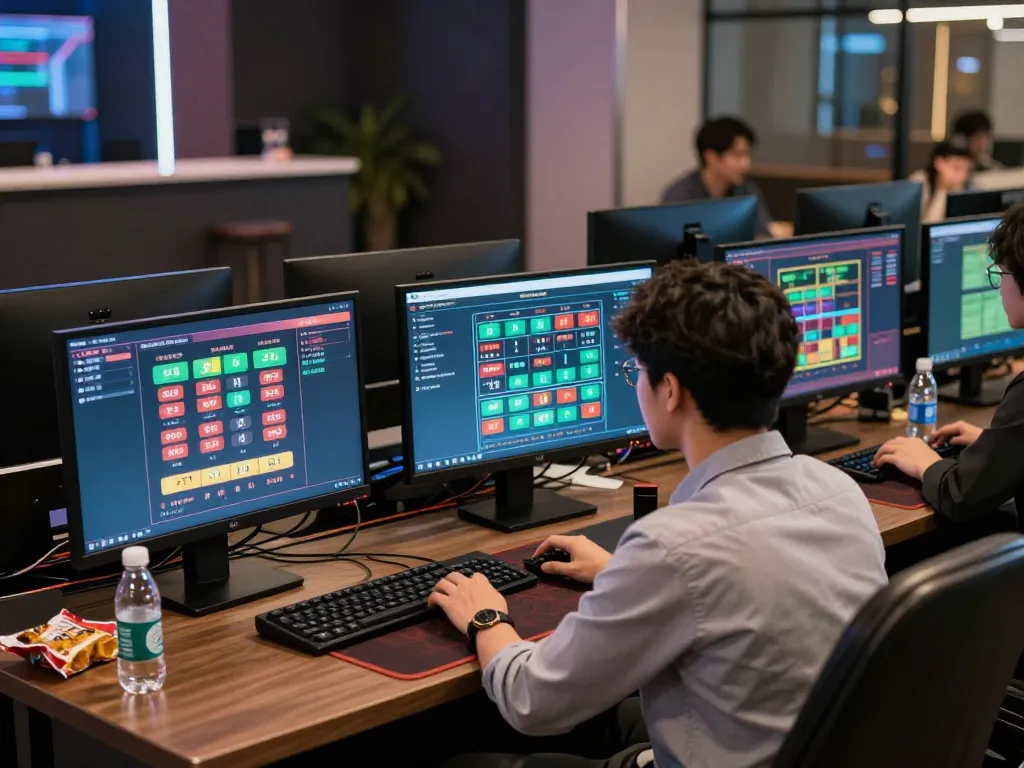 Engaging in strategic analysis of dark web links on multiple screens in a modern online gaming setup.