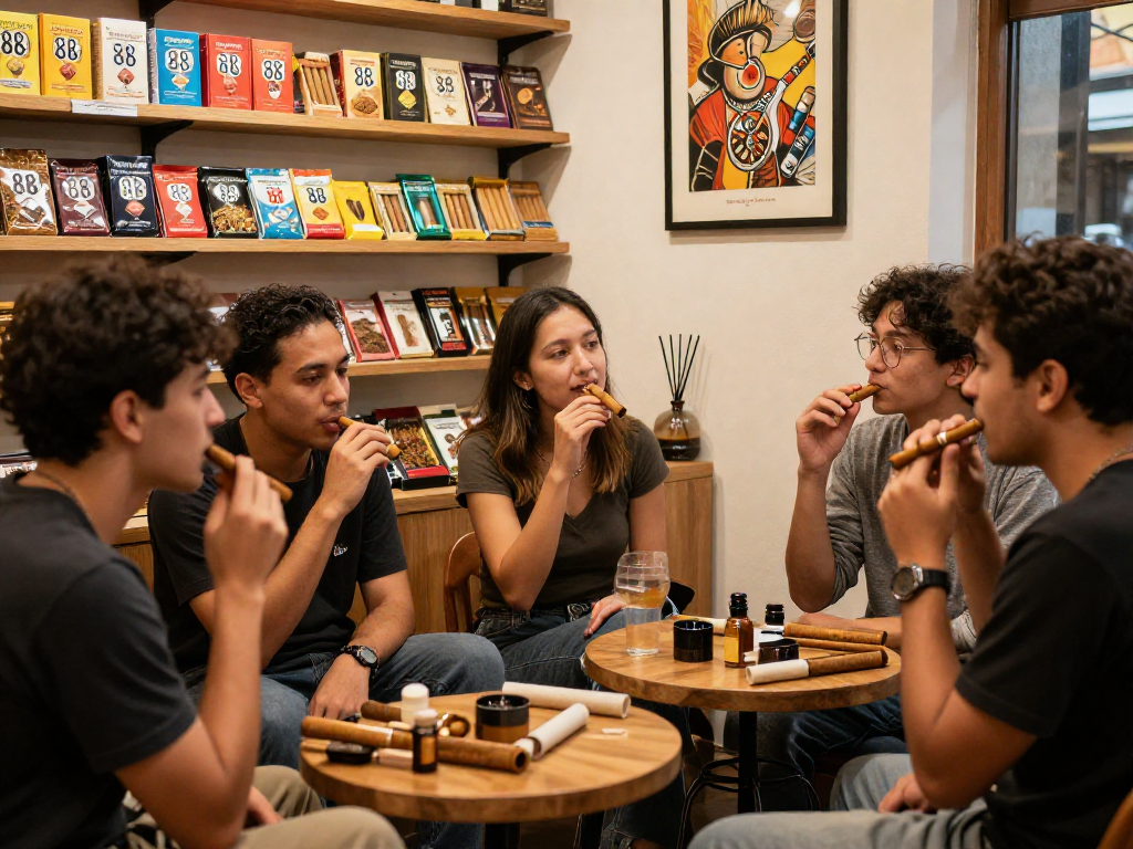 Friends enjoying rokok 88 flavors in a cozy smoke shop setting.