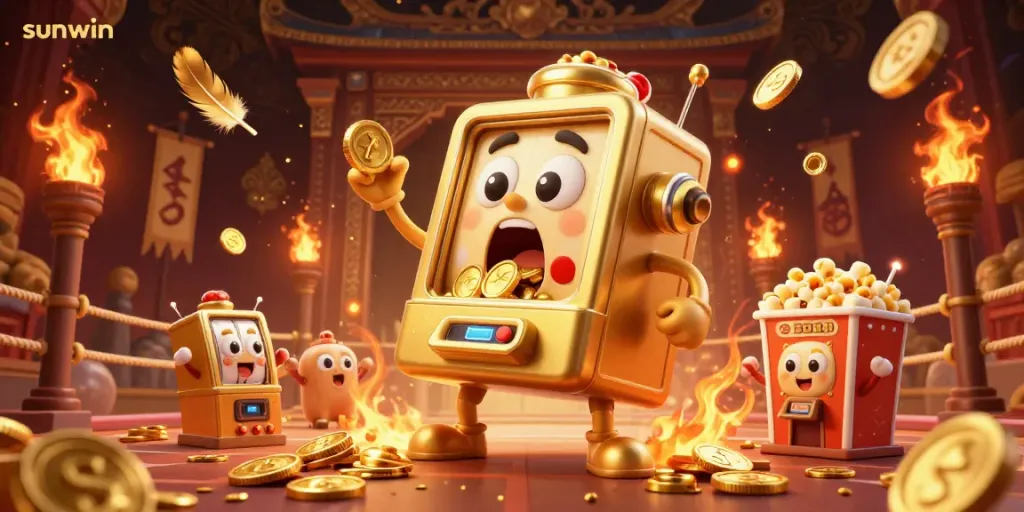 Experience excitement with sunwin's golden slot machine hitting the jackpot amid a vibrant gaming scene.