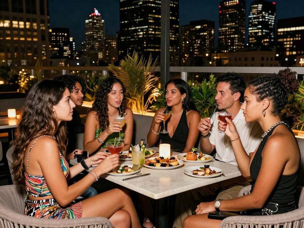 Situs LUXURY111 dalam suasana malam di rooftop bar dengan teman-teman terlibat dalam percakapan dan menikmati makanan gourmet.