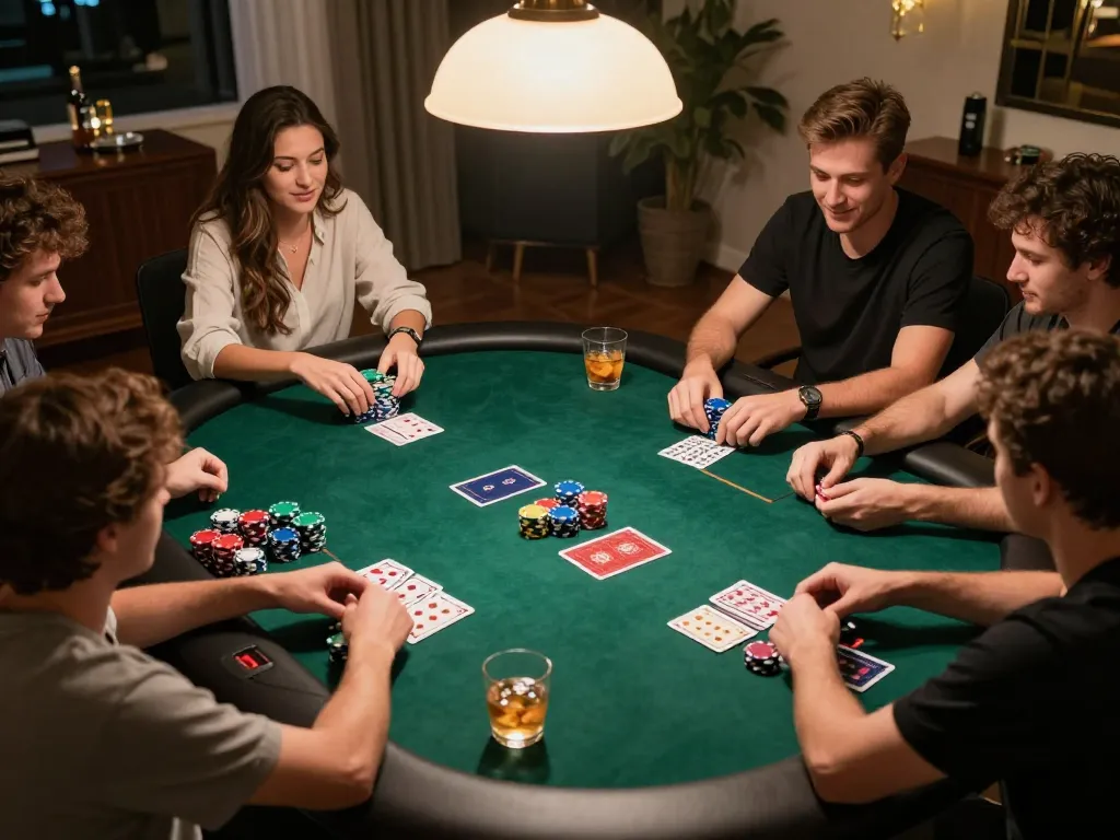 Engaged players enjoying nsfw games at a poker table during a cozy home gathering.