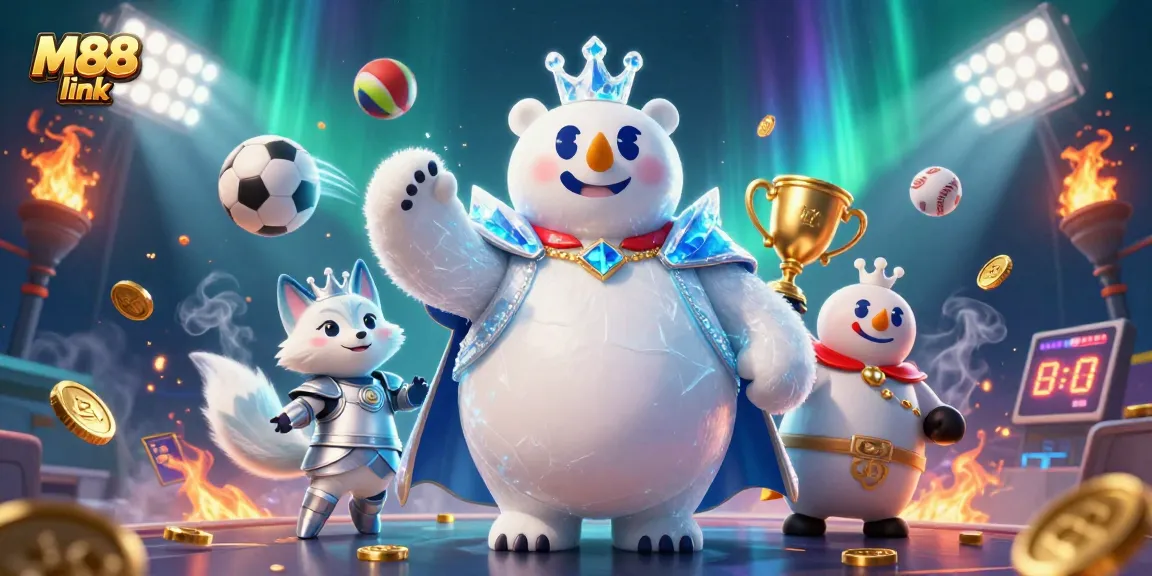 Bet on M88 link with vibrant casino action featuring a polar bear king and snow fox.