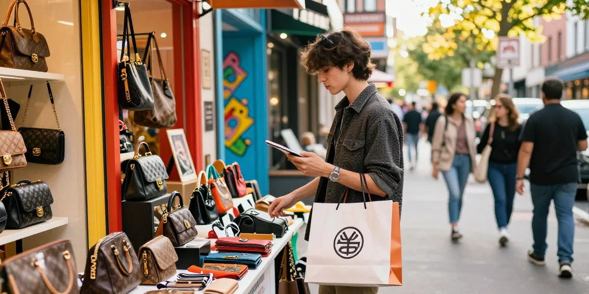 Shopping at a stylish 레플리카 쇼핑몰 with fashionable accessories and bags in an urban setting.