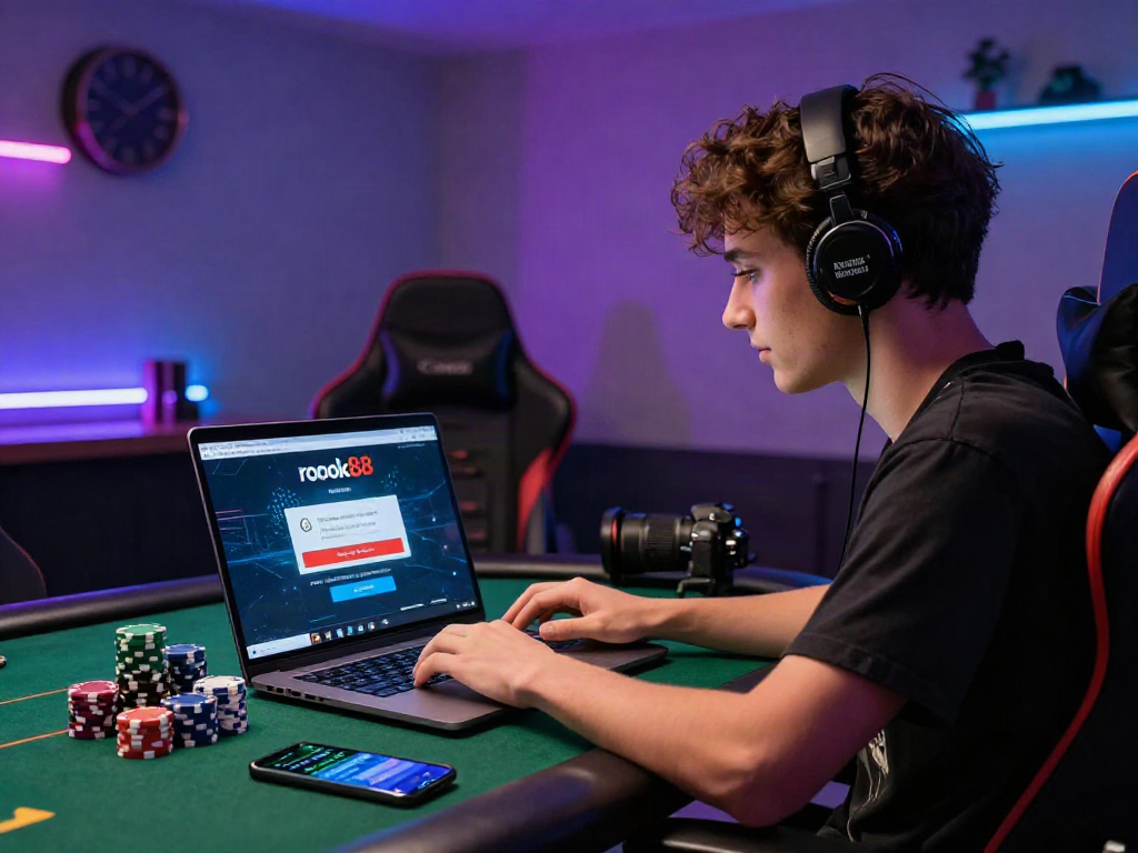 Experience seamless rokok88 login on a modern laptop amidst a vibrant gaming atmosphere, showcasing engagement in online gambling.