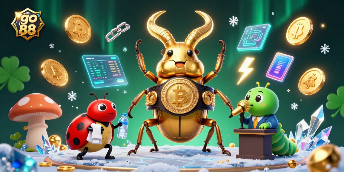 Join the go 88 action with a 3D cartoon boxing beetle and crypto elements in a vibrant casino scene.