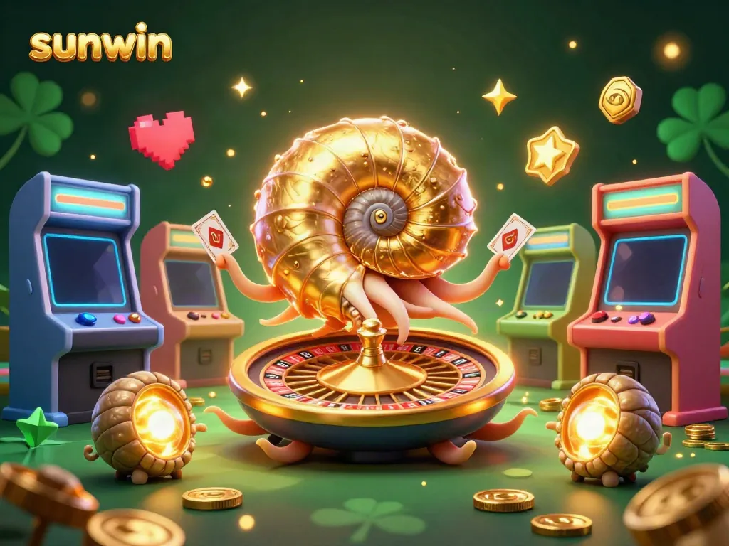 Engage in thrilling gameplay at sunwin with a vibrant 3D scene of a nautilus roulette wheel and glowing arcade elements.