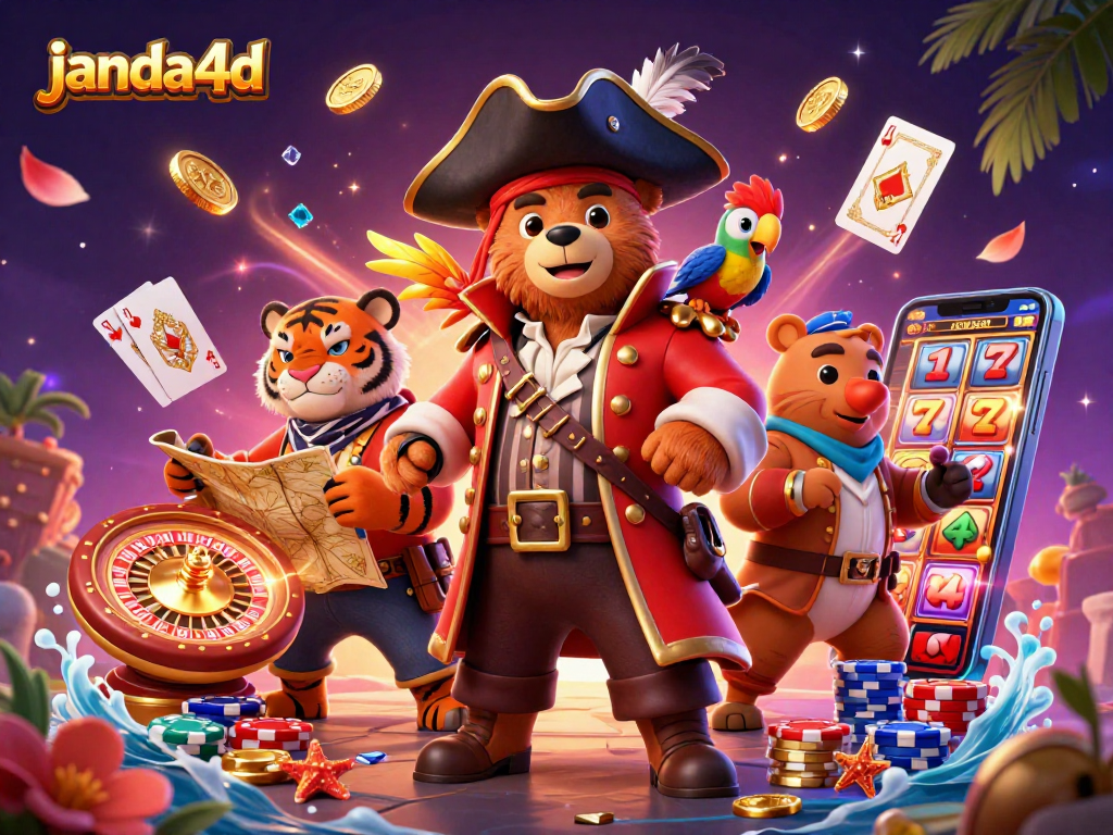 Permainan slot di janda4d dengan karakter kartun 3D yang menarik dan harta karun bersinar.