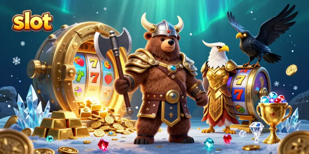 Mesin slot yang menampilkan karakter beruang Viking dan elang Valkyrie, dikelilingi harta karun dalam suasana kasino.