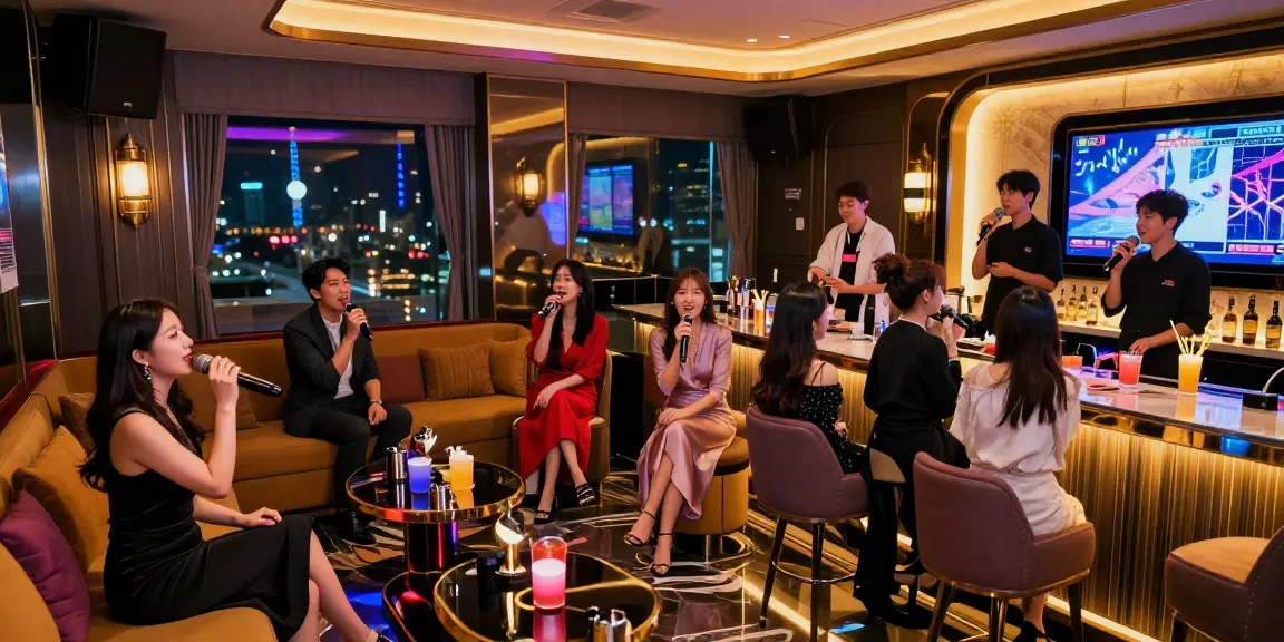 Engaged guests enjoying the vibrant atmosphere at www.3no.org's unique karaoke lounge in Incheon, featuring luxury decor and colorful lighting.