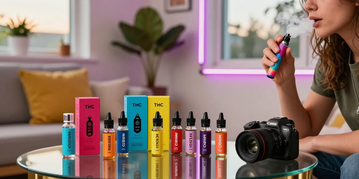 Enjoying THC vape with colorful e-liquids in a vibrant indoor setting.