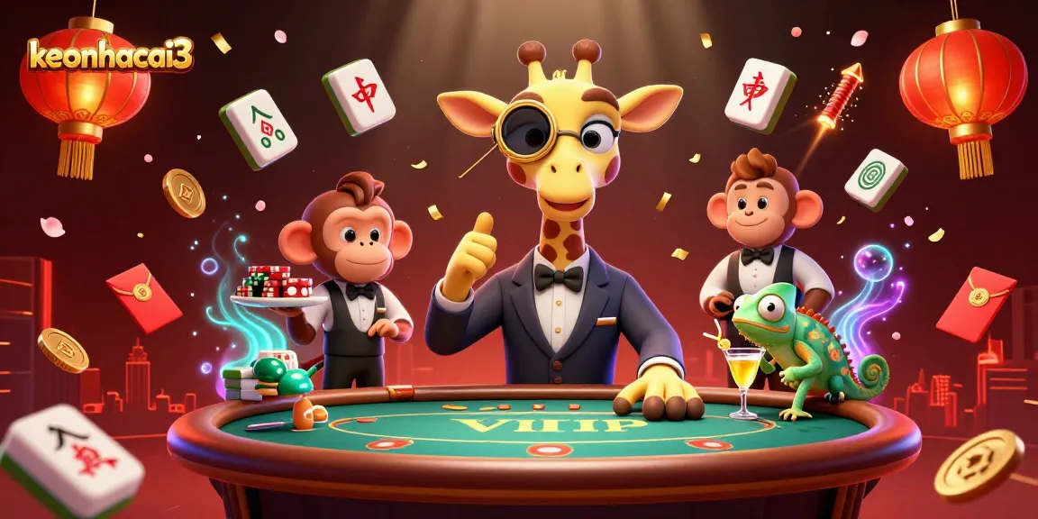 Engage with keonhacai3 in this vibrant casino scene as a giraffe high-roller at a poker table amidst festive elements.