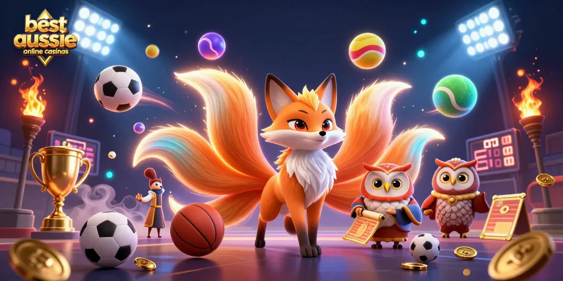 Engage with the best Aussie online casinos via sports-themed lively 3D illustration featuring rich characters and dynamic elements.