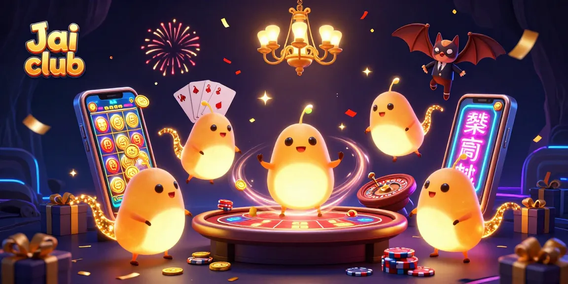 Join the fun at Jai club with glowworms lighting up a vibrant cave casino scene.