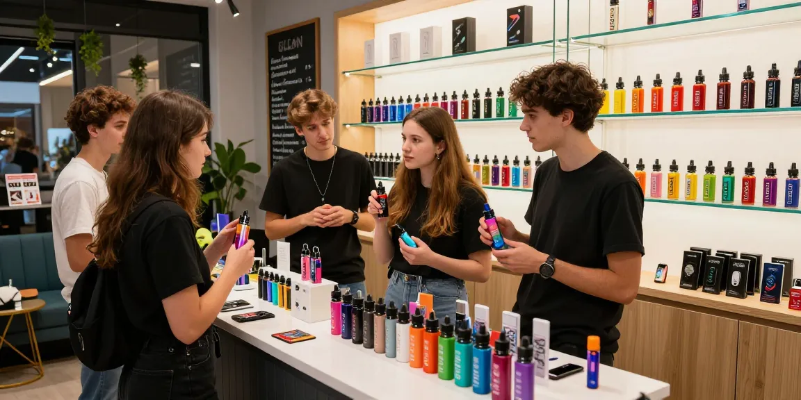 A group of young adults exploring Elux nic salt options in a vibrant vape shop, showcasing a colorful array of vape products.