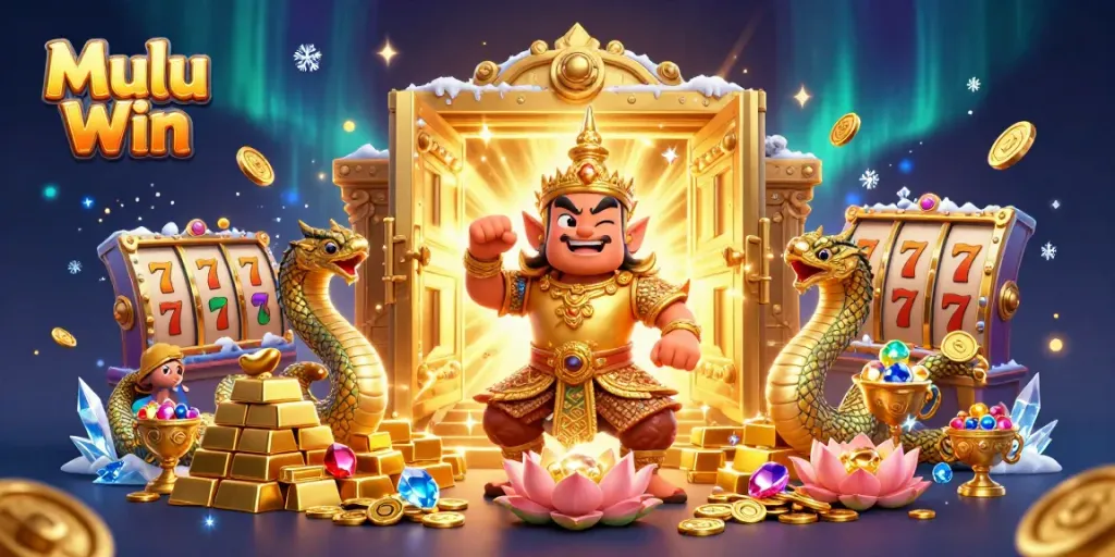 Mulu Win showcases exciting slot games in a vibrant and dynamic 3D casino scene with charming characters.