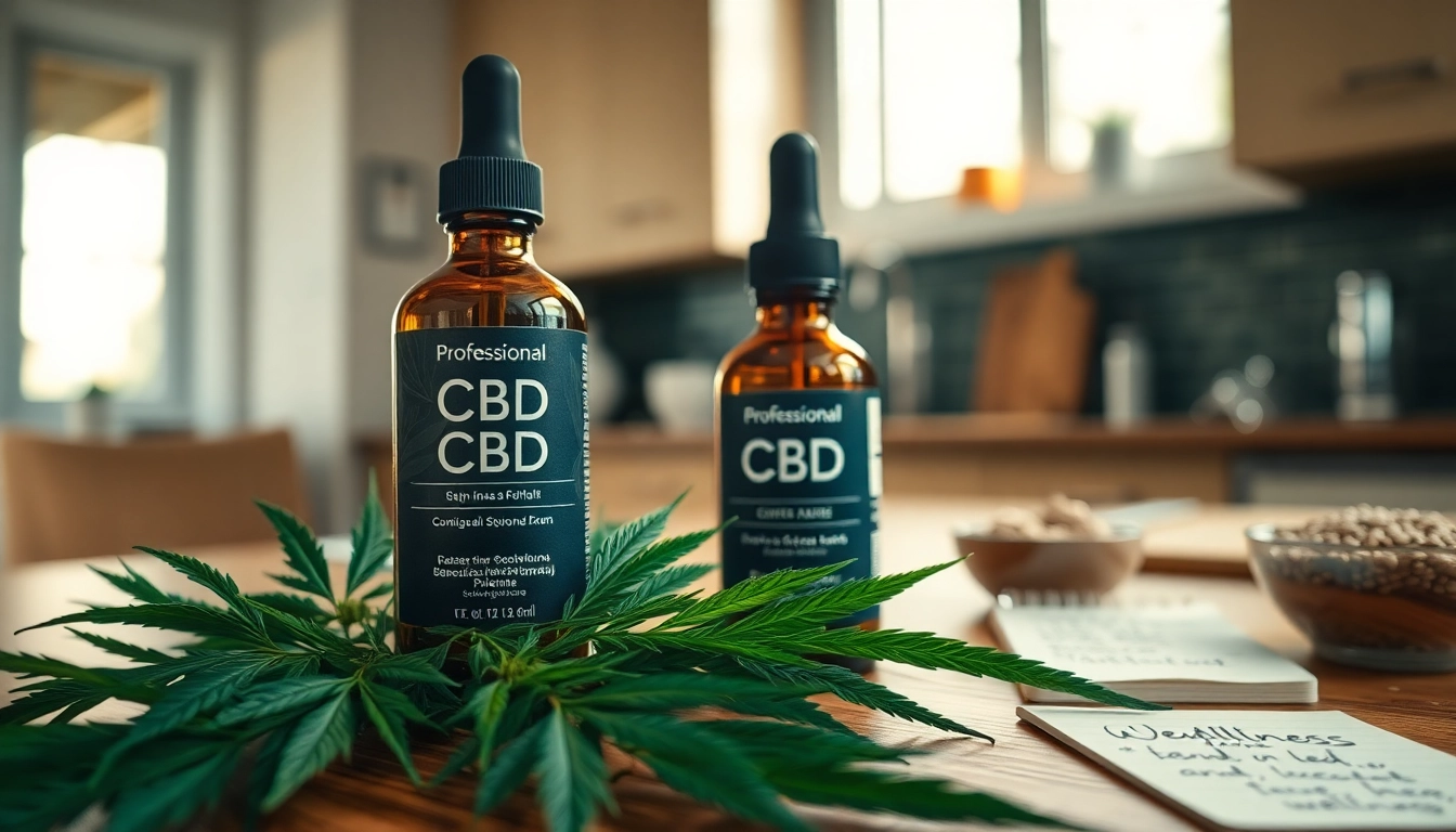 Showcasing CBD oil bottle with fresh hemp leaves promoting natural wellness.