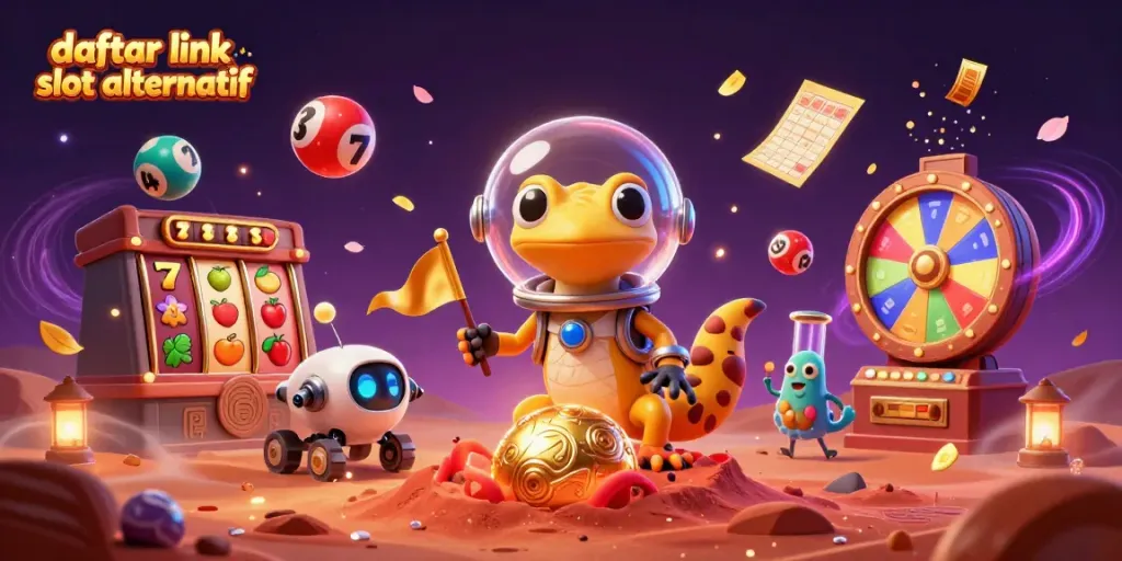Mengakses daftar link slot alternatif dengan gecko Martian dan slot bertema luar angkasa, dikelilingi jackpot dan elemen permainan.