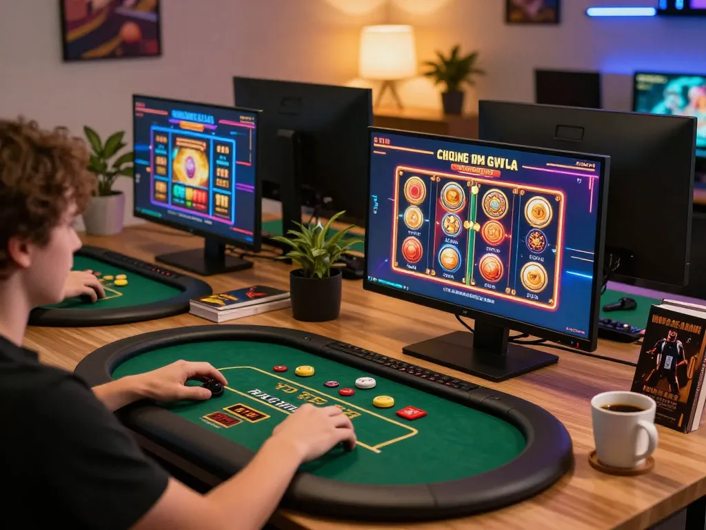 Engaged player using 92slot com for live poker and slot games on a multi-screen setup.