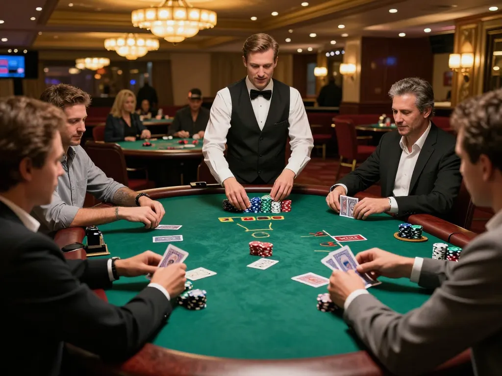 Link vào kubet players strategizing at an elegant blackjack table in a luxury casino