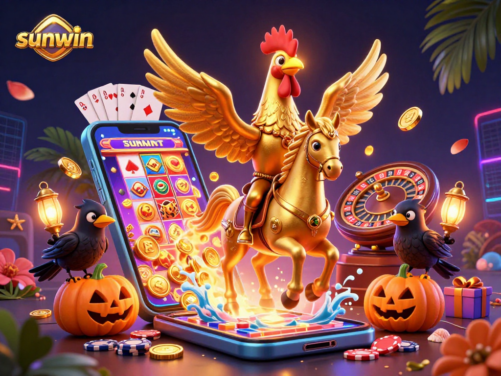 Win big at sunwin as the golden rooster rides through a vibrant casino with glowing treasures.