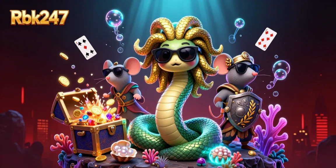 Win big with Rbk247 in this vibrant casino-themed digital illustration featuring Medusa and more.