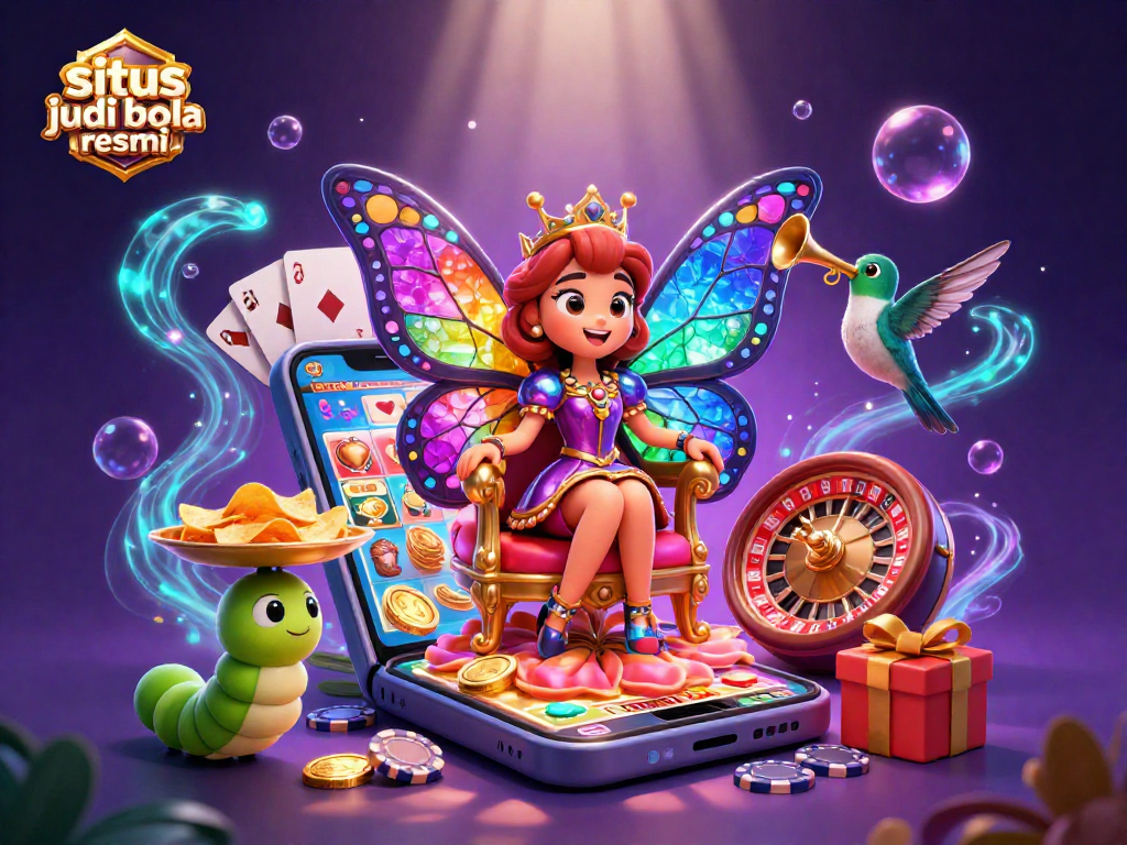 Situs judi bola resmi showcases a vibrant 3D scene with dynamic casino elements, perfect for engaging gamers.