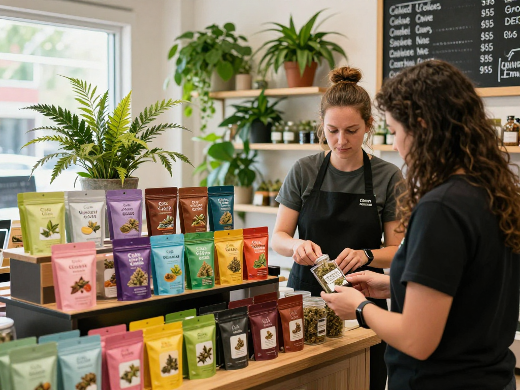 Cake cart display in a vibrant dispensary with various flavors and strains.