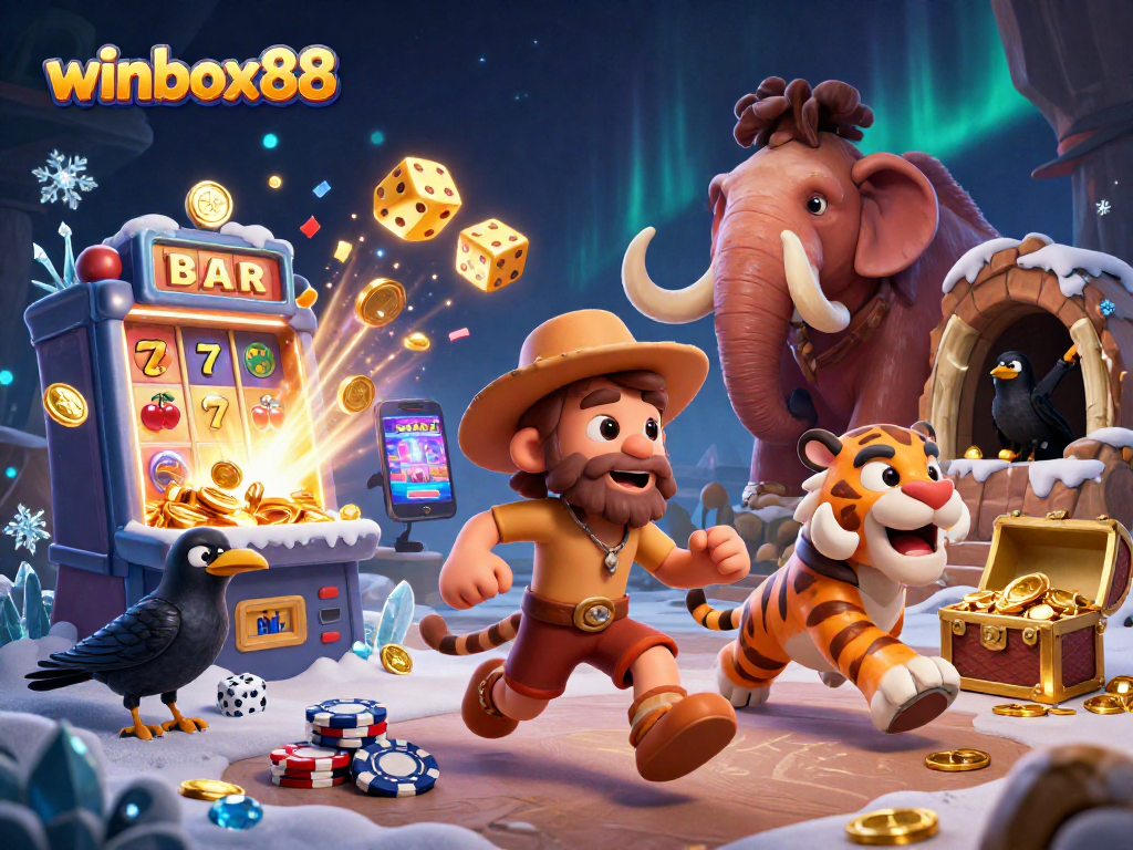 Experience winbox88 excitement with a thrilling prehistoric casino scene featuring vibrant slot machines and dynamic game elements.