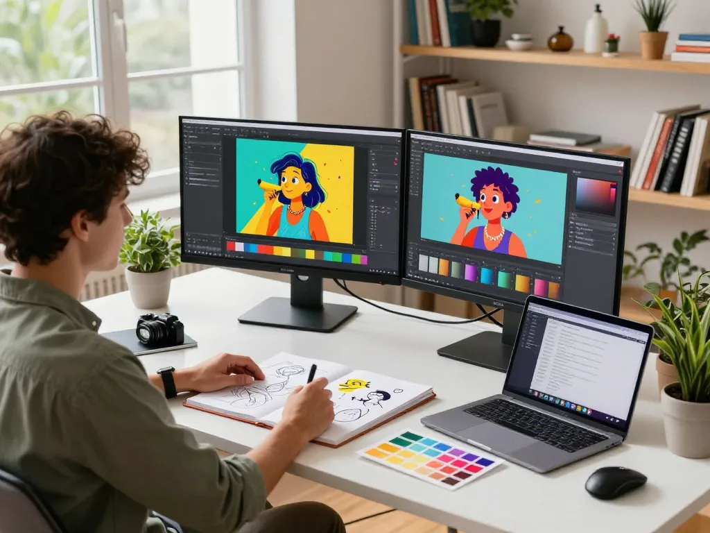 Designer editing images with nano banana technology in a vibrant creative workspace.