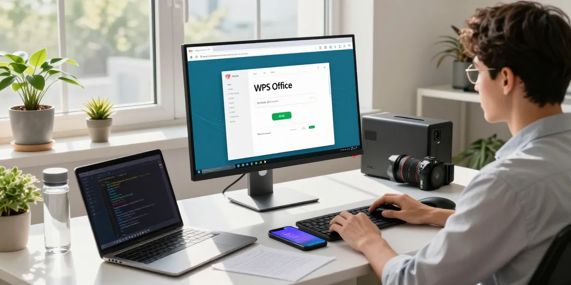 Downloading WPS Office on a modern workstation with natural light in a tech workspace.