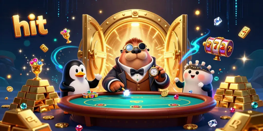 Hit-themed underwater poker game scene featuring a walrus, penguin dealer, and pufferfish, rich in detail.