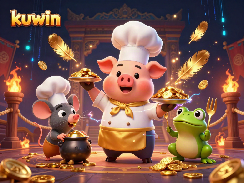 Kuwin casino theme with a cartoon chef pig serving gold coins alongside a tasting mouse and a critic frog